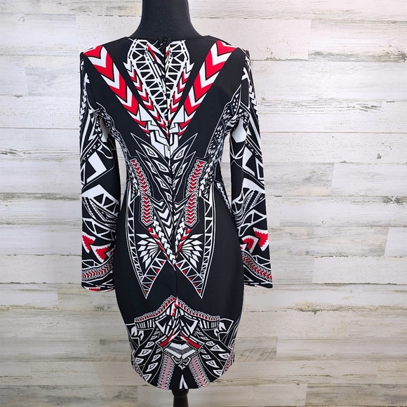 Bisou Bisou Michele Bohbot Geometric Print Bodycon Dress Black Red White 10 - Picture 5 of 16